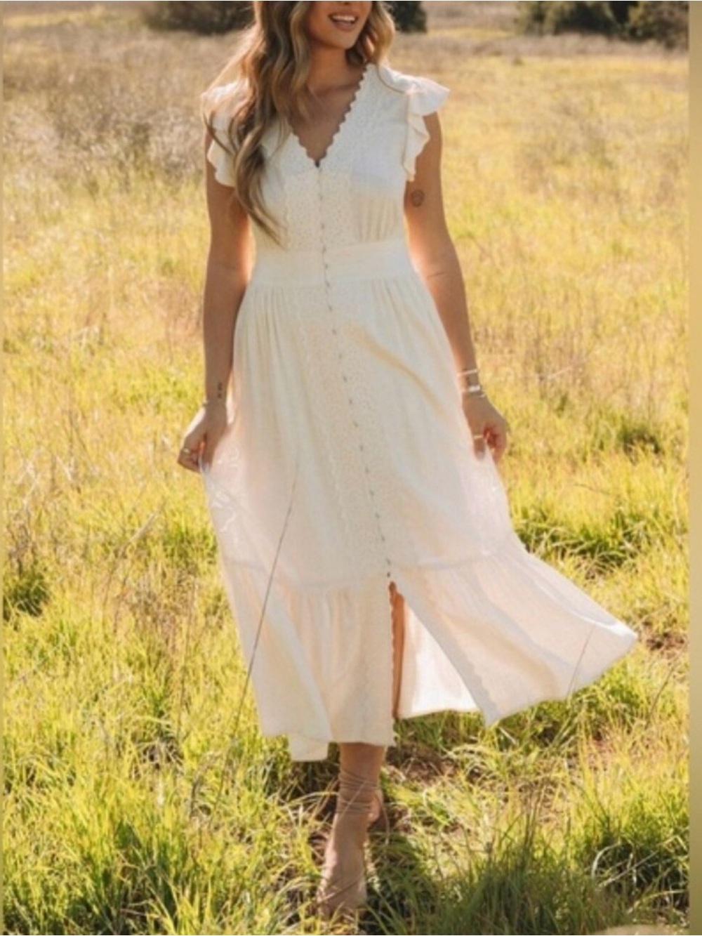 Lovestitch Cream Button-Front Ruffle Sleeve Midi Dress